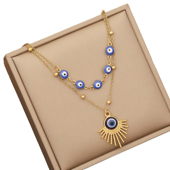 Wholesale Jewelry Stainless Steel Doublelayer Ochain Colorful Bead Clavicle Chain With Dripping Oil Design For Women