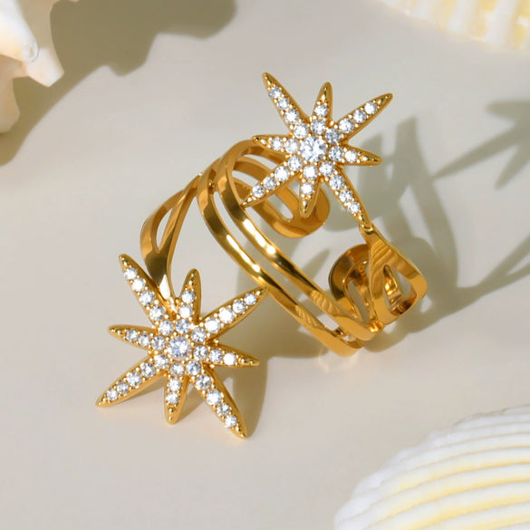 Wholesale Jewelry 316L Stainless Steel Eightpointed Star Geometric Open Cut Out Ring Electroplated