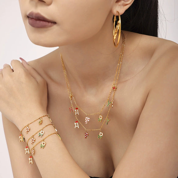 Wholesale Jewelry 316L Stainless Steel Enamel Glaze Inlaid Zircon Letter Light Luxury Style Electroplated Necklace Bracelet Earrings For Women