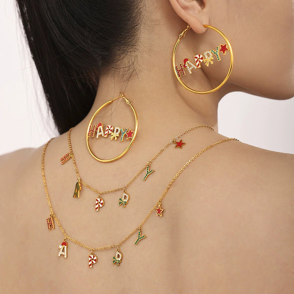 Wholesale Jewelry 316L Stainless Steel Enamel Glaze Inlaid Zircon Letter Light Luxury Style Electroplated Necklace Bracelet Earrings For Women