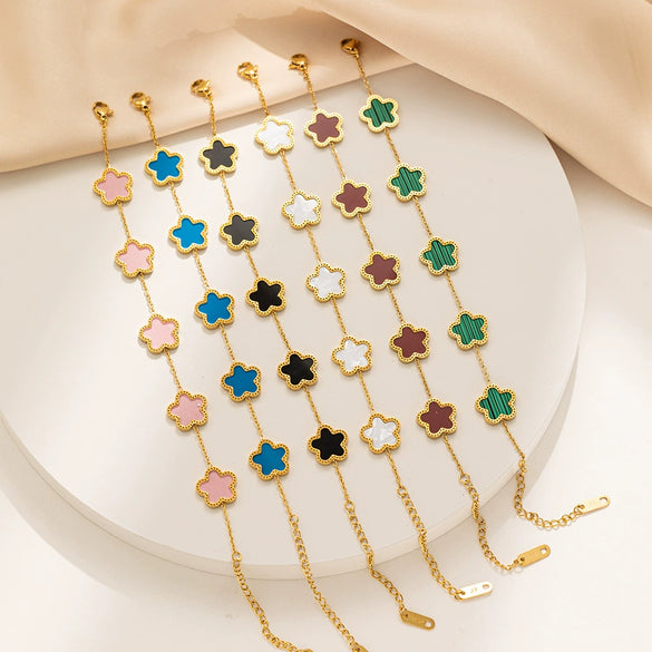 Wholesale Jewelry Stainless Steel Fiveleaf Flower Singlesided Electroplated Allmatch Women's Bracelet