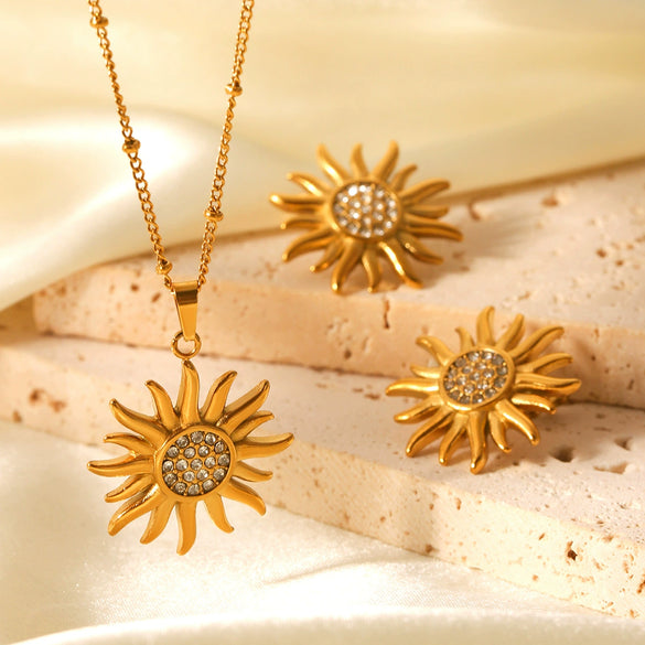 Wholesale Jewelry Stainless Steel Flower Geometric Style Earrings Set With Diamonds