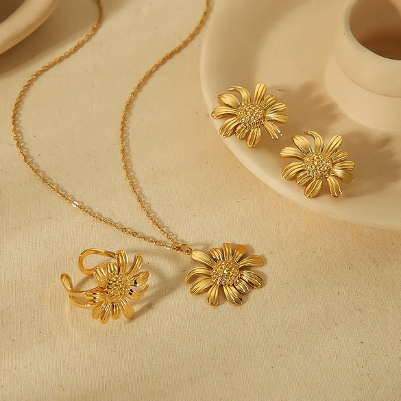 Wholesale Jewelry Stainless Steel Flower Pattern Electroplated Necklace Pendant Earrings Ring Set