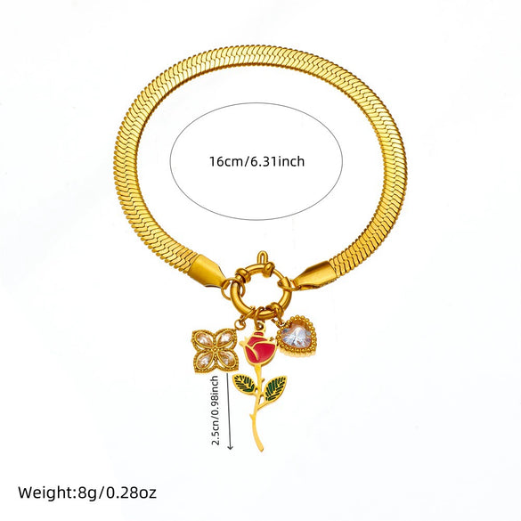 Wholesale Jewelry Stainless Steel Flower Pattern Electroplated Pendant Snake Bone Bracelet For Women