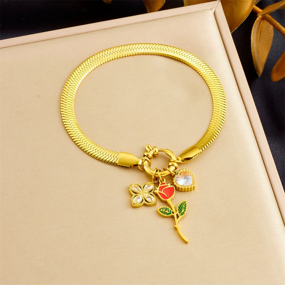 Wholesale Jewelry Stainless Steel Flower Pattern Electroplated Pendant Snake Bone Bracelet For Women