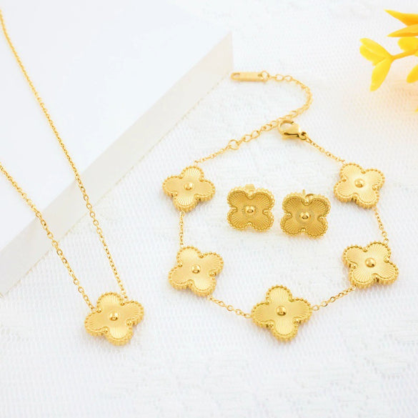 Wholesale Jewelry Stainless Steel Fourleaf Clover Electroplated Ochain Necklace Earrings Bracelet Set For Women