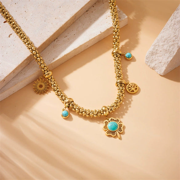 Wholesale Jewelry Stainless Steel Fourleaf Clover Tree Of Life Round Pendant Earrings Necklace Set Electroplated For Women