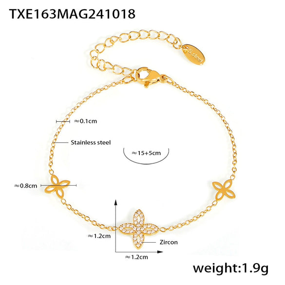 Wholesale Jewelry 316L Stainless Steel Fourleaf Flower Zircon Pendant Necklace And Bracelet Set For Women Electroplated Real Gold Color Preservation