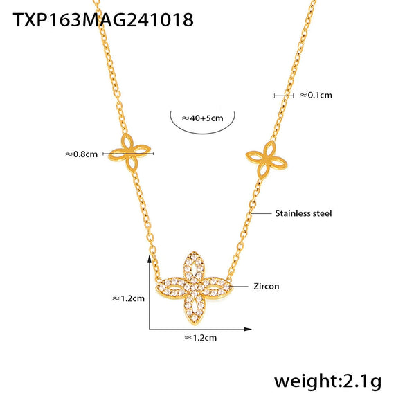 Wholesale Jewelry 316L Stainless Steel Fourleaf Flower Zircon Pendant Necklace And Bracelet Set For Women Electroplated Real Gold Color Preservation