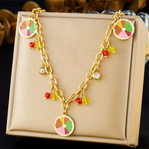 Wholesale Jewelry Stainless Steel Fruit Pattern Pendant Necklace With O Word Chain And Electroplating