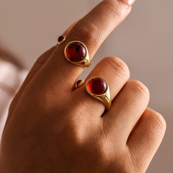Wholesale Jewelry Stainless Steel Garnet Geometric Open Tail Ring Pvd Gold Plated Luxury Elegant