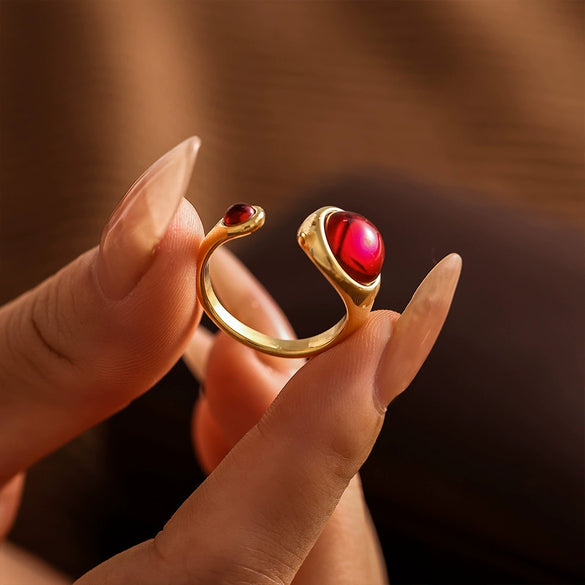 Wholesale Jewelry Stainless Steel Garnet Geometric Open Tail Ring Pvd Gold Plated Luxury Elegant