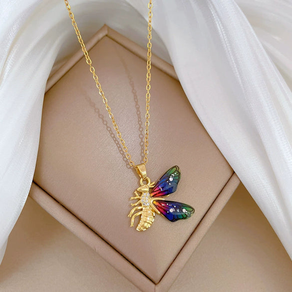 Wholesale Jewelry Stainless Steel Geometric Bee Zircon Pendant Necklace Unisex
