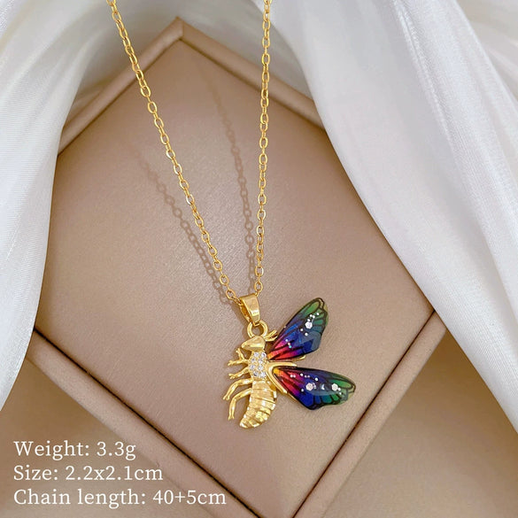 Wholesale Jewelry Stainless Steel Geometric Bee Zircon Pendant Necklace Unisex