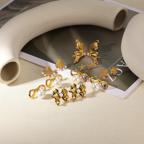 Wholesale Jewelry Stainless Steel Geometric Bow Pearl Ring And Earrings With Electroplating