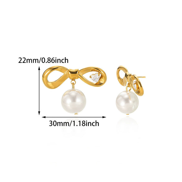 Wholesale Jewelry Stainless Steel Geometric Bow Pearl Ring And Earrings With Electroplating