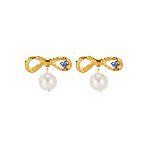 Wholesale Jewelry Stainless Steel Geometric Bow Pearl Ring And Earrings With Electroplating