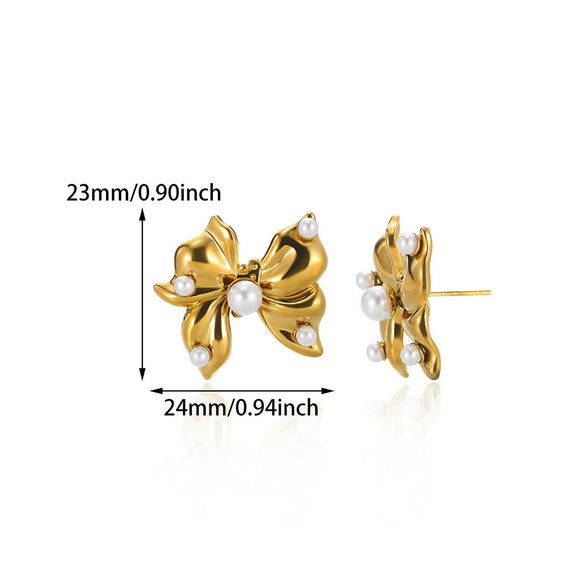 Wholesale Jewelry Stainless Steel Geometric Bow Pearl Ring And Earrings With Electroplating