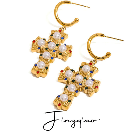 Wholesale Jewelry Stainless Steel Geometric Cross Pendant Earrings With Electroplating For Women