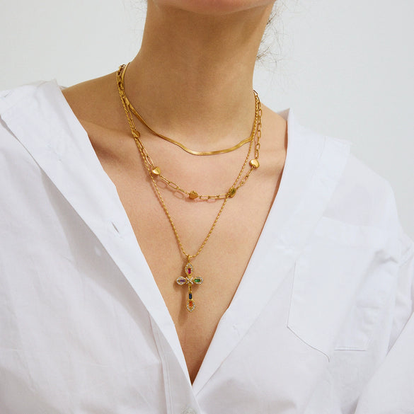Wholesale Jewelry Stainless Steel Geometric Cross Pendant Snake Bone Chain Necklace With Electroplating