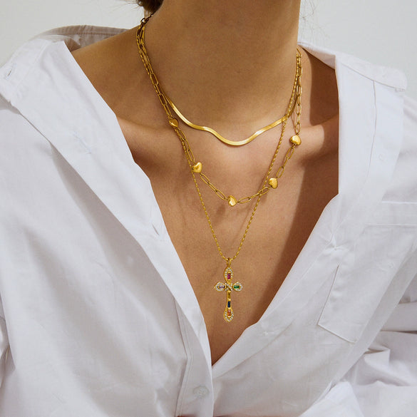 Wholesale Jewelry Stainless Steel Geometric Cross Pendant Snake Bone Chain Necklace With Electroplating
