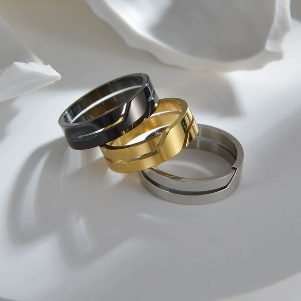 Wholesale Jewelry Stainless Steel Geometric Cut Out Vacuum Electroplated Couple Ring