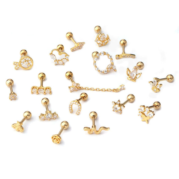 Wholesale Jewelry Stainless Steel Geometric Electroplated Ear Bone Nail Zircon Puncture Earrings Screw Ball Earrings