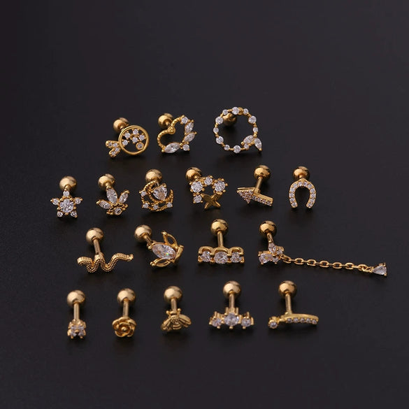 Wholesale Jewelry Stainless Steel Geometric Electroplated Ear Bone Nail Zircon Puncture Earrings Screw Ball Earrings