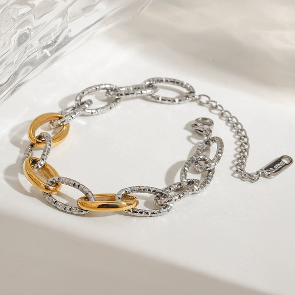 Wholesale Jewelry Stainless Steel Geometric Electroplated Gold And Silver Color Splicing Ohammer Thick Chain Bracelet For Women