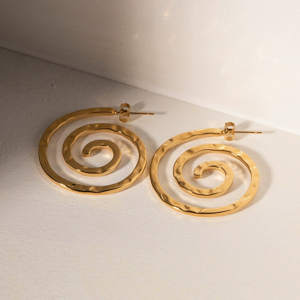 Wholesale Jewelry Stainless Steel Geometric Exaggerated Fun Spiral Line Hammer Pattern Earrings For Women Electroplated