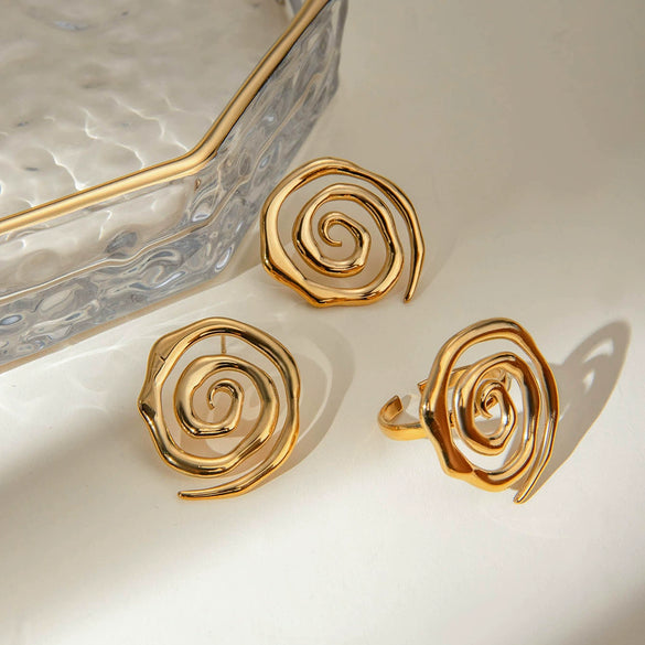 Wholesale Jewelry Stainless Steel Geometric Exaggerated Fun Spiral Line Hammer Pattern Earrings For Women Electroplated