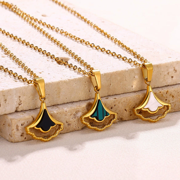 Wholesale Jewelry Stainless Steel Geometric Fanshaped Ginkgo Leaf Pendant Necklace With Electroplating