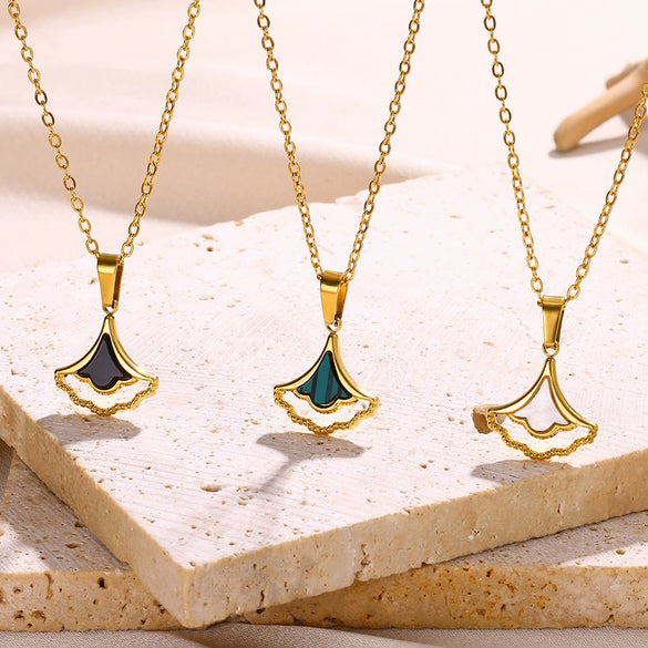 Wholesale Jewelry Stainless Steel Geometric Fanshaped Ginkgo Leaf Pendant Necklace With Electroplating
