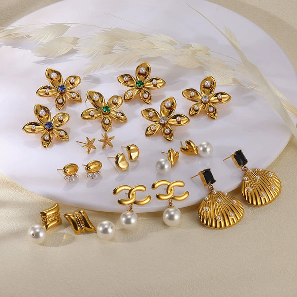 Wholesale Jewelry Stainless Steel Geometric Flower Pearl Ring And Earrings With Electroplating