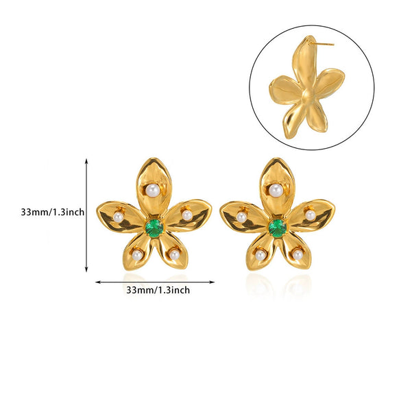 Wholesale Jewelry Stainless Steel Geometric Flower Pearl Ring And Earrings With Electroplating