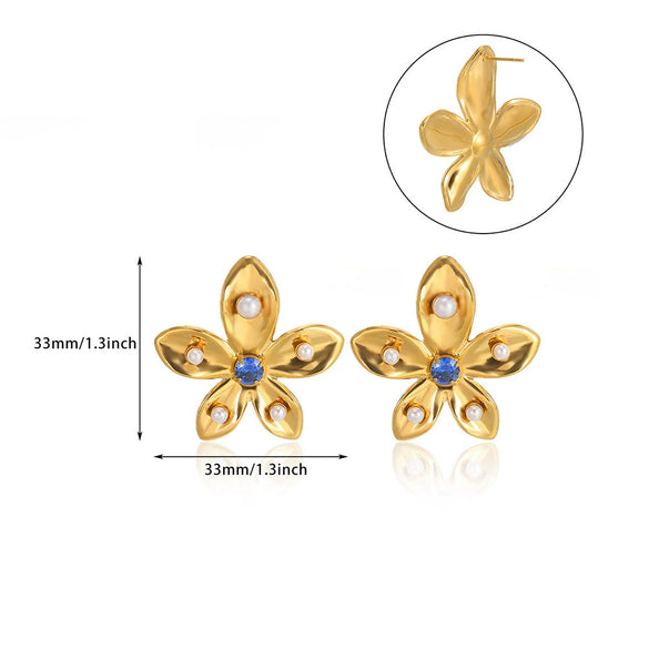 Wholesale Jewelry Stainless Steel Geometric Flower Pearl Ring And Earrings With Electroplating