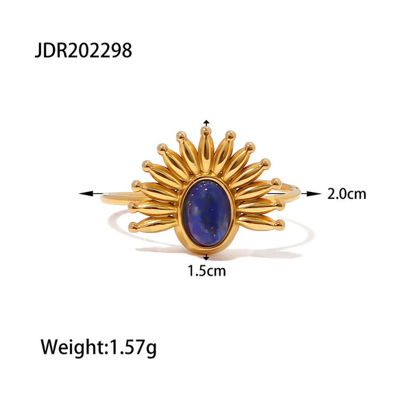 Wholesale Jewelry Stainless Steel Geometric French Retro Style Inlaid Lapis Open Ring For Women
