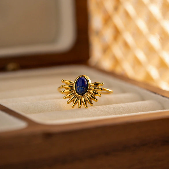 Wholesale Jewelry Stainless Steel Geometric French Retro Style Inlaid Lapis Open Ring For Women