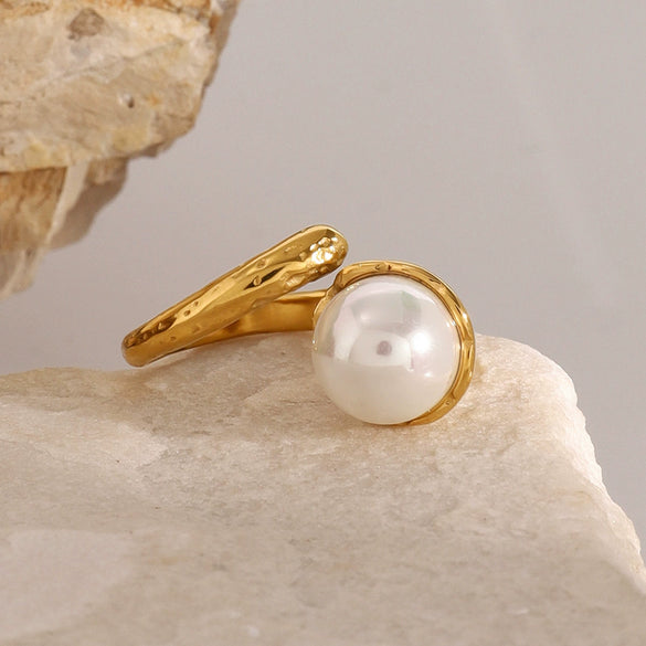 Wholesale Jewelry Stainless Steel Geometric Hammer Pattern Pearl Beads Open Ring With Electroplating For Women