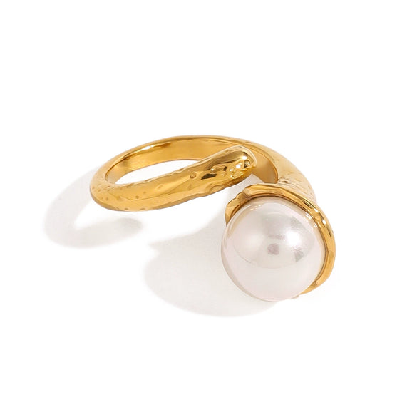 Wholesale Jewelry Stainless Steel Geometric Hammer Pattern Pearl Beads Open Ring With Electroplating For Women