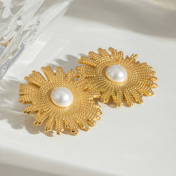 Wholesale Jewelry Stainless Steel Geometric Hammer Texture Flower Earrings Electroplated For Women