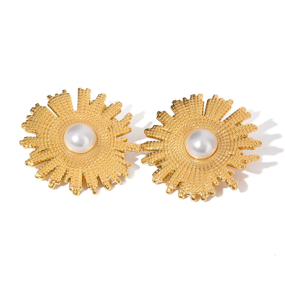 Wholesale Jewelry Stainless Steel Geometric Hammer Texture Flower Earrings Electroplated For Women