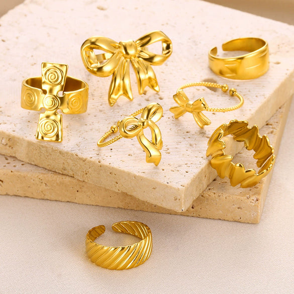 Wholesale Jewelry Stainless Steel Geometric Heart Bow Open Female Ring Electroplated