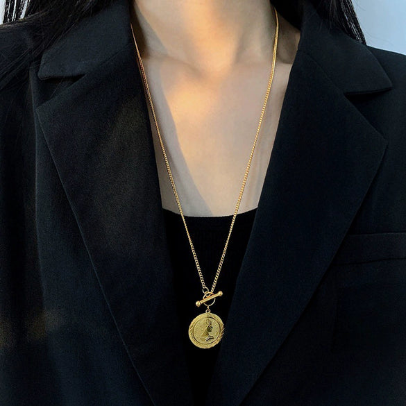 Wholesale Jewelry Stainless Steel Geometric Hiphop Style Round Pendant Necklace