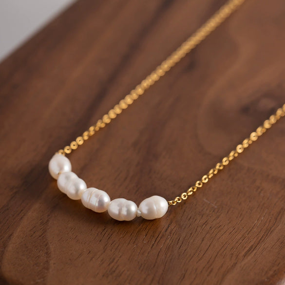 Wholesale Jewelry Stainless Steel Geometric 18K Gold Plated Clavicle Chain With Natural Freshwater Pearls For Women