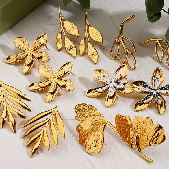 Wholesale Jewelry Stainless Steel Geometric Leaf Flower Hammered Electroplated Women's Earrings Ring