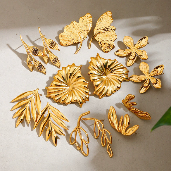 Wholesale Jewelry Stainless Steel Geometric Leaf Flower Hammered Electroplated Women's Earrings Ring
