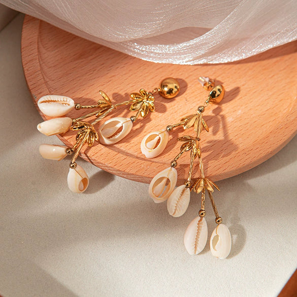 Wholesale Jewelry Stainless Steel Geometric Long Shell Tassel String Earrings For Women Electroplated