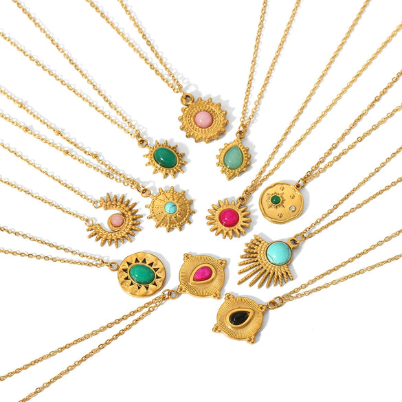 Wholesale Jewelry Stainless Steel Geometric Mixed Gemstone Setting Electroplated O Word Chain Necklace For Women