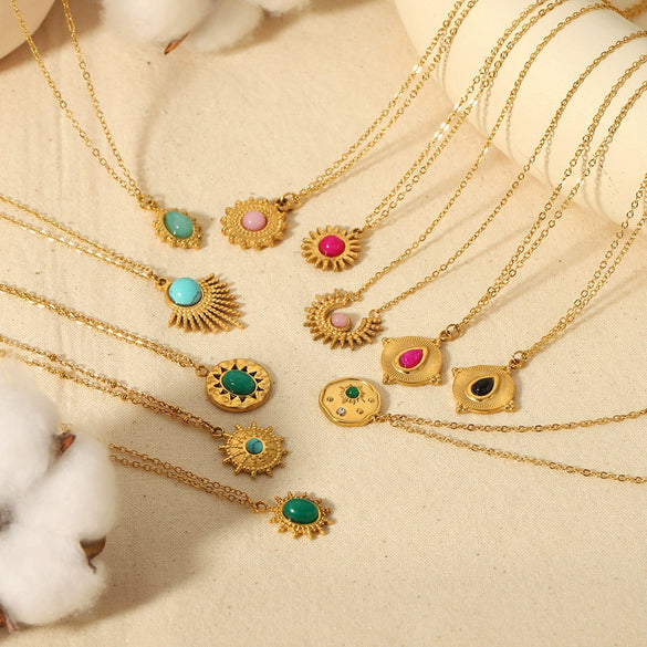 Wholesale Jewelry Stainless Steel Geometric Mixed Gemstone Setting Electroplated O Word Chain Necklace For Women